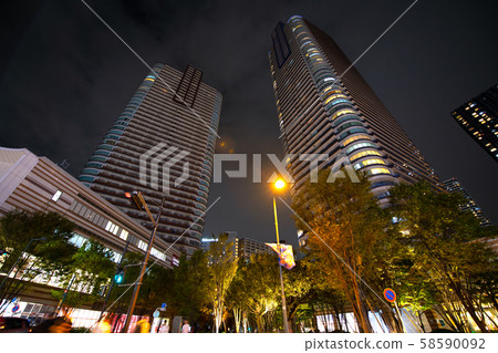 Musashi Kosugi tower condominium that is in blackout due to Typhoon No.19 in Kawasaki cityscape in Japan Musashi Kosugi tower condominium that is in blackout due to Typhoon No.19 in Kawasaki cityscape in Japan 58590092