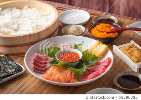 temaki-sushi, ingredients of japanese home  hand 58590386
