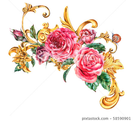 Watercolor golden baroque floral curl and red 58590901