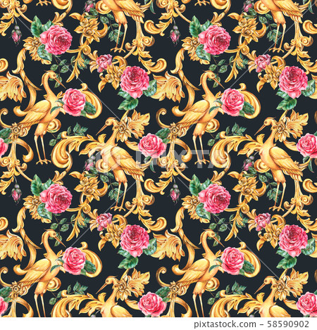 Watercolor golden baroque crane seamless pattern 58590902
