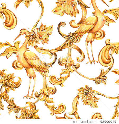 Watercolor golden baroque crane seamless pattern, Watercolor golden baroque crane seamless pattern, 58590915