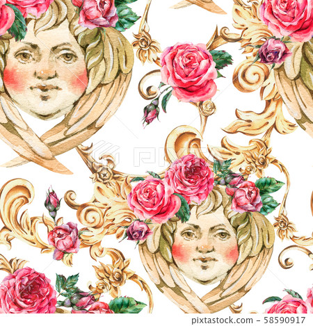 Watercolor golden baroque angel seamless pattern, Watercolor golden baroque angel seamless pattern, 58590917