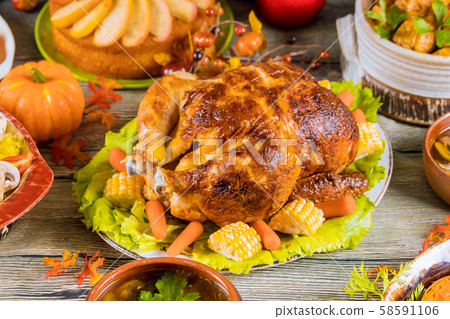 Thanksgiving dinner with turkey, apple pie, 58591106