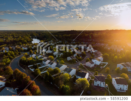 Dawn in the sleeping area of a small town with a 58591200