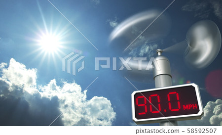 Anemometer displays 90 mph wind speed. Hurricane forecast related 3D rendering 58592507
