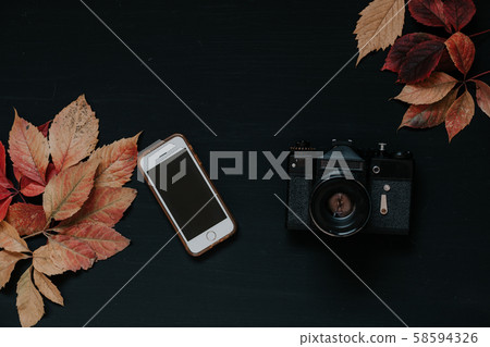 autumn background table with red and yellow fallen leaves 58594326