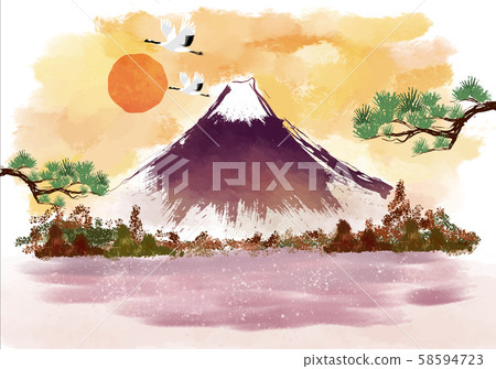 New Year's card: Mt. Fuji, pine, sumi-e, ink landscape, New Year's card, Japanese style, Japanese pattern, hand-drawn mountain, first sunrise sun 58594723
