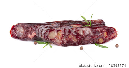 Horse sausage. Tasty dried sausage, close-up, isolated on white background. 58595574