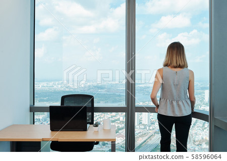 Dreamy female entrepreneur looking at big city Dreamy female entrepreneur looking at big city 58596064