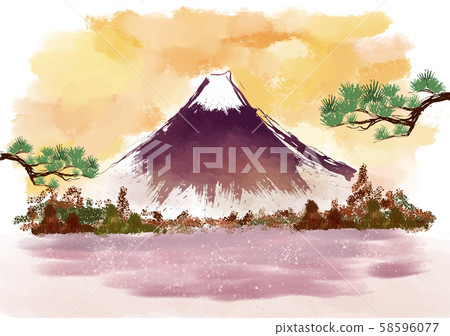 New Year's card: Mount Fuji Fuji ink painting Ink landscape New Year's card Japanese style Japanese pattern hand-drawn mountain lakeside lake pine 58596077