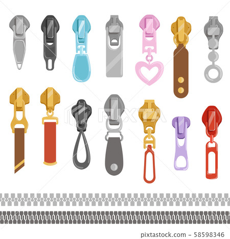 Zipper set on white. Cartoon zippers. Various accessories for clothes 58598346