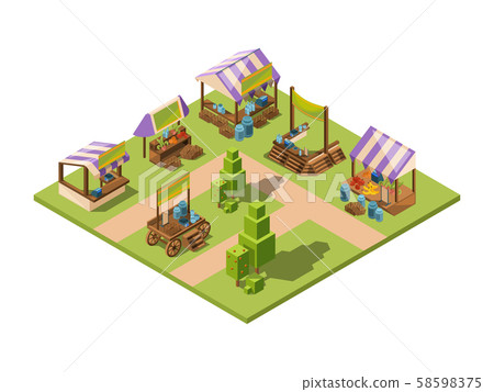 Outdoor food market. Isometric local farm grocery marketplaces with vegetables fruits meat and fish Outdoor food market. Isometric local farm grocery marketplaces with vegetables fruits meat and fish 58598375