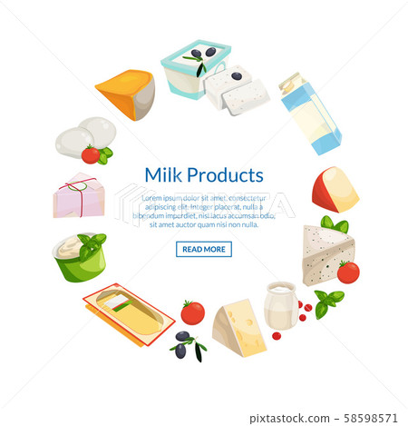 Vector cartoon dairy and cheese products in circle Vector cartoon dairy and cheese products in circle 58598571
