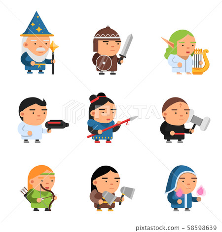 Fantasy characters. 2d game sprite male and female heroes computer soldiers rpg shooter mascots 58598639