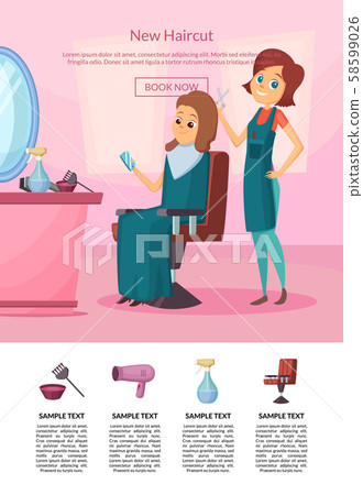 Vector landing page illustration with hairdresser doing a haircut to a client in salon with table 58599026