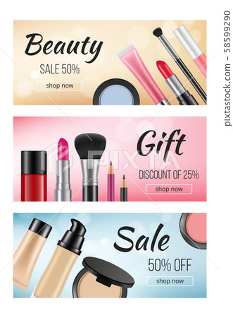 Banners of cosmetics. Design template of horizontal banners with illustrations of women cosmetics Banners of cosmetics. Design template of horizontal banners with illustrations of women cosmetics 58599290