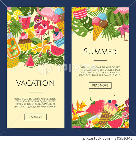 Vector summer cocktails, flamingo, palm leaves on banner 58599345