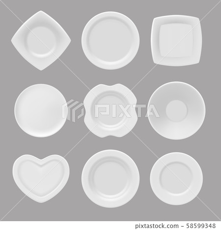 Vector dishware. Realistic pictures of various plates Vector dishware. Realistic pictures of various plates 58599348