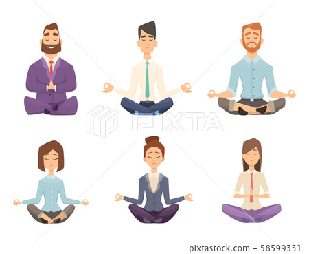 Businessman yoga. Man and woman relaxing meditation at workspace table vector concept cartoon Businessman yoga. Man and woman relaxing meditation at workspace table vector concept cartoon 58599351