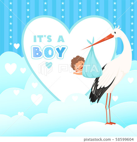 Shower card with stork. Flying bird with newborn baby gift. Vector cartoon background for labels 58599604