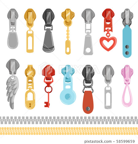 Metallic zippers. Vector tools for clothes set 58599659