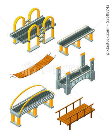 Viaduct bridge isometric. Wood support crossing river or highway logging industry vector urban Viaduct bridge isometric. Wood support crossing river or highway logging industry vector urban 58599742