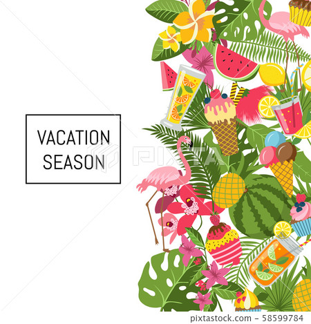 Summer cocktails, flamingo, palm leaves background with Summer cocktails, flamingo, palm leaves background with 58599784