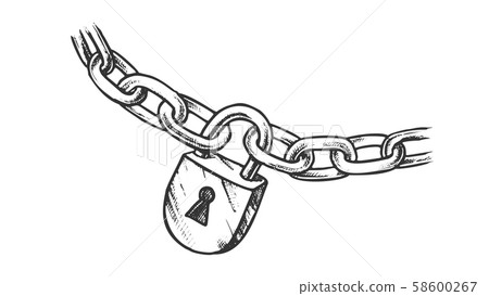 Steel Chain And Brass Padlock Monochrome Vector Steel Chain And Brass Padlock Monochrome Vector 58600267