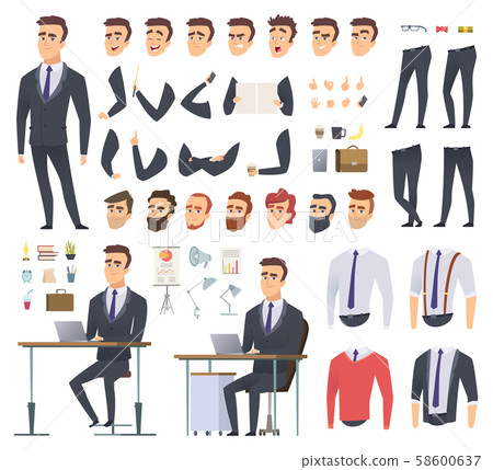 Manager creation kit. Businessman office person arms hands clothes and items vector male character Manager creation kit. Businessman office person arms hands clothes and items vector male character 58600637