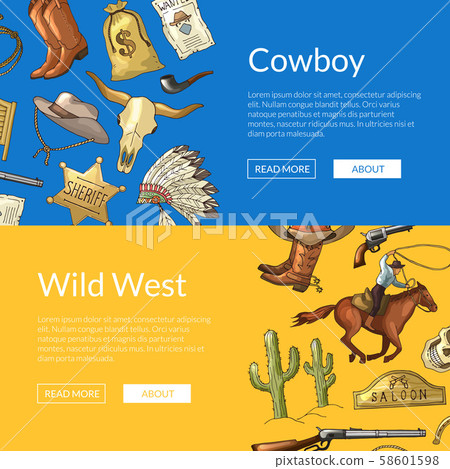 Vector wild west cowboy web banners with horses, cacti and cow skull 58601598