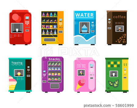 Vending machines. Automatic selling foods snacks and drinks coffee ice cream and popcorn vector flat Vending machines. Automatic selling foods snacks and drinks coffee ice cream and popcorn vector flat 58601999