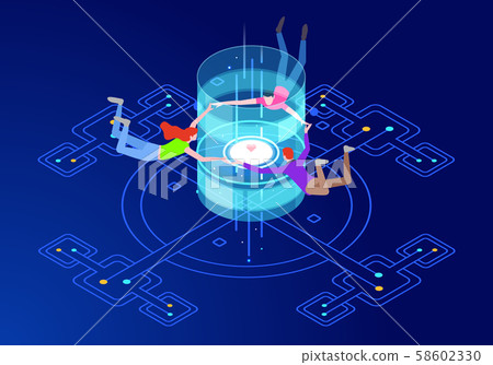 Teamwork. Virtual reality communication concept with characters. Can use for web banner Teamwork. Virtual reality communication concept with characters. Can use for web banner 58602330