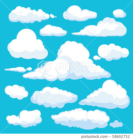 Fluffy cartoon clouds. Shine sky weather illustration panorama clean vector set isolated 58602752