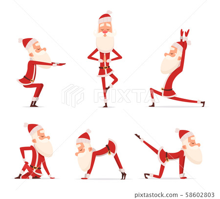 Santa yoga poses. Christmas winter holiday sport healthy character standing in various relax poses 58602803