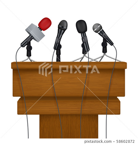 Press conference stage. Meeting news media microphones vector realistic pictures 58602872