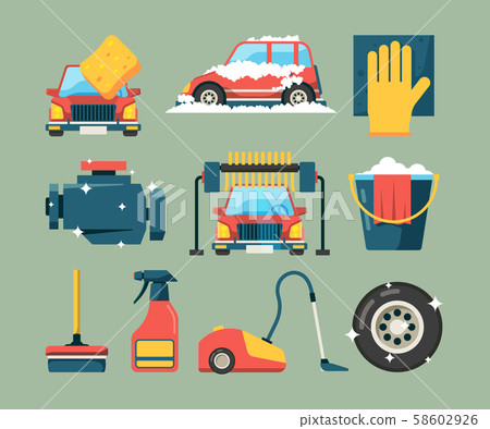 Car wash service. Dirty machines in clean building water bucket wiping sponge vector icons cartoon Car wash service. Dirty machines in clean building water bucket wiping sponge vector icons cartoon 58602926