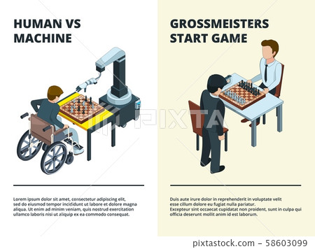 Chess game banners. Gamers playing at board tactical game various figures rook knight queen 58603099