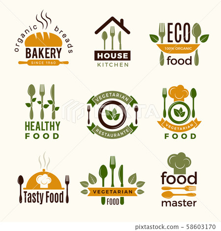 Food logos. Healthy kitchen restaurant buildings cooking house spoon and fork food vector symbols 58603170