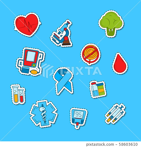 Vector colored diabetes icons stickers set illustration Vector colored diabetes icons stickers set illustration 58603610