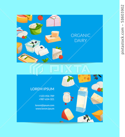 Vector cartoon milk and cheese products business card Vector cartoon milk and cheese products business card 58603902