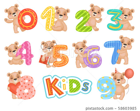 Birthday numbers bear. Party fun invitation for kids celebration teddy bear characters vector 58603985
