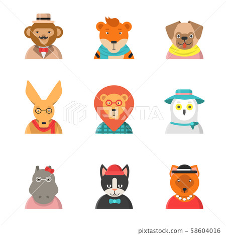 Animal funny faces. Hipster avatars of monkey cat kangaroo hippo tiger cute clothes zoo vector Animal funny faces. Hipster avatars of monkey cat kangaroo hippo tiger cute clothes zoo vector 58604016