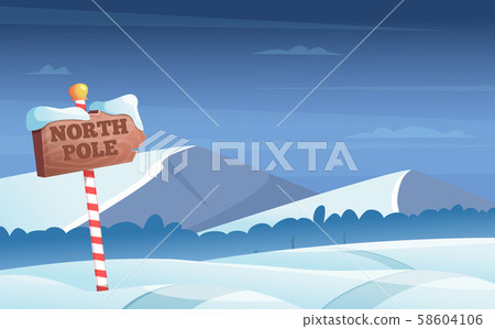 North pole road sign. Snowy background with snow trees night woods wonderland winter holidays vector North pole road sign. Snowy background with snow trees night woods wonderland winter holidays vector 58604106