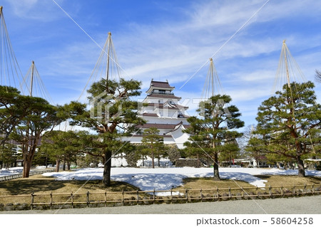 Aizu-Wakamatsu Castle castle tower and pine snow hanging in the remaining snow Honmaru trace open space Aizu-Wakamatsu Castle castle tower and pine snow hanging in the remaining snow Honmaru trace open space 58604258
