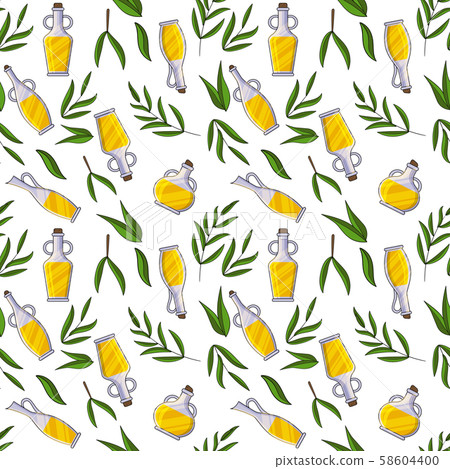 Olives oil bottles and leaves seamless pattern. Vector illustration for design, web and decor 58604400