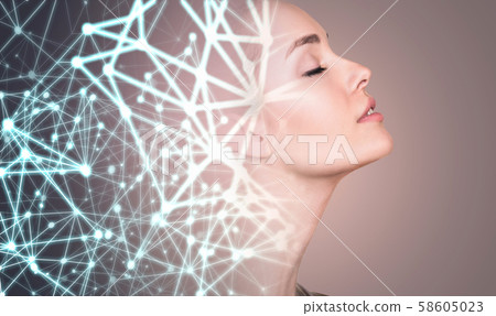 Double exposure of young woman and glowing dots and lines. Double exposure of young woman and glowing dots and lines. 58605023