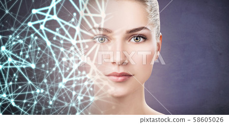 Double exposure of young woman and glowing dots and lines. 58605026