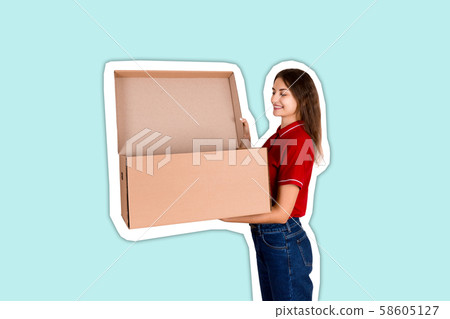 Smiling delivery woman is looking into open 58605127