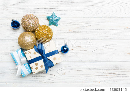 Top view Christmas ball, gift and creative Top view Christmas ball, gift and creative 58605143