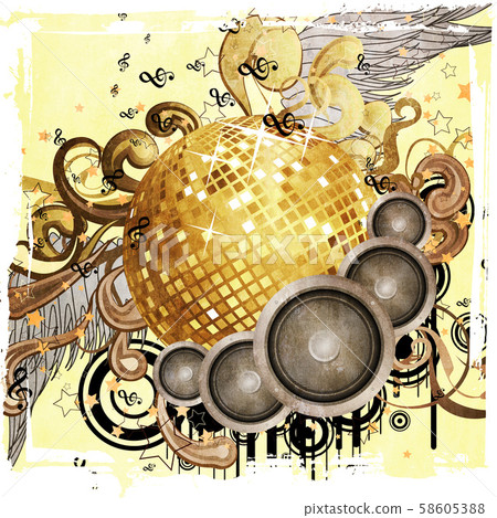 Grunge gold disco ball with wings Grunge gold disco ball with wings 58605388